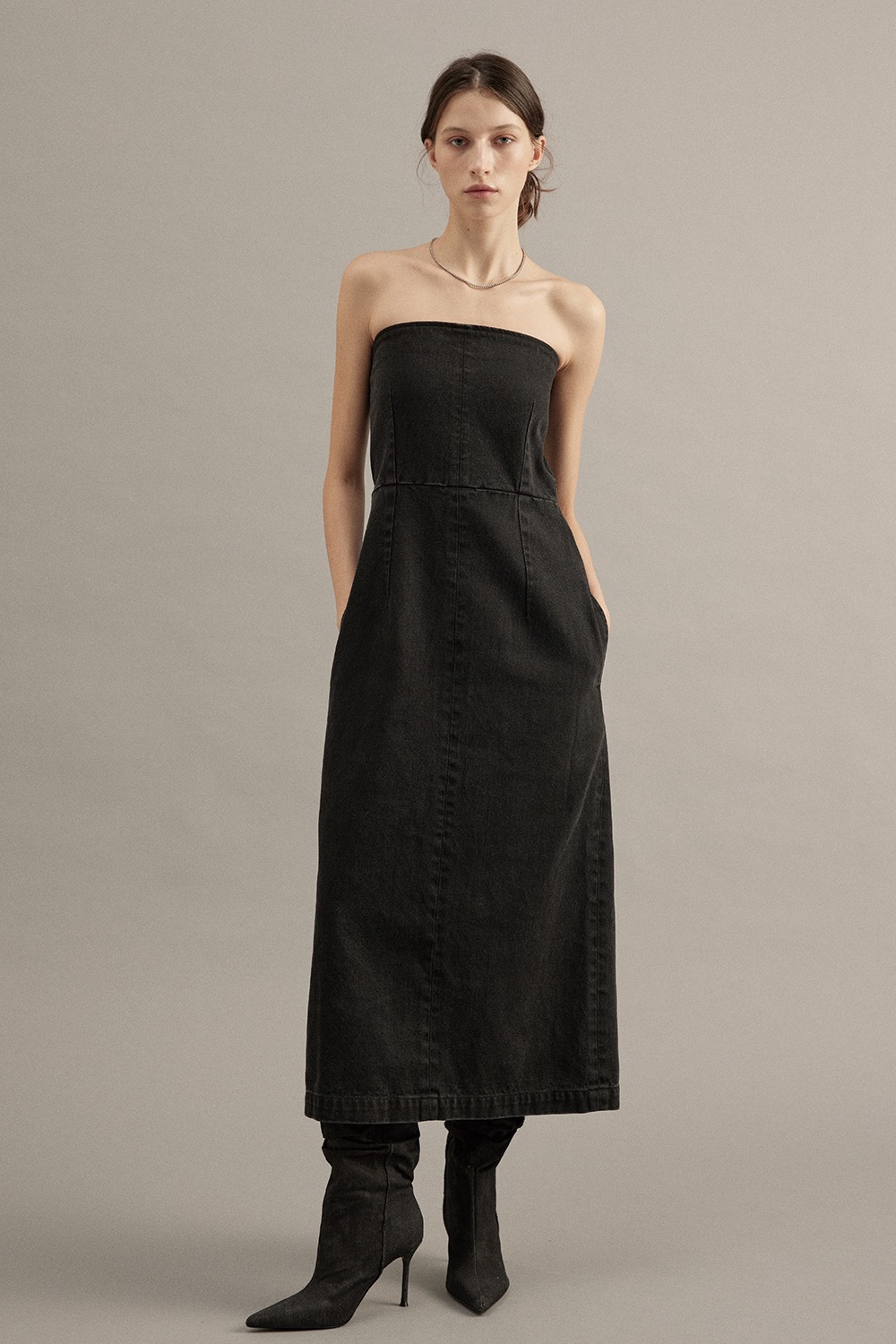 [예약배송10/10]Denim Tube top Dress Black